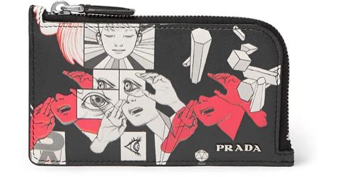 Prada Black + James Jean Printed Leather Zipped Cardholder for 